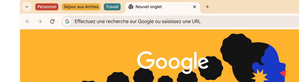 Élément d'interface de navigateur montrant trois groupes : Personnel, Séjour aux Arches et Travail