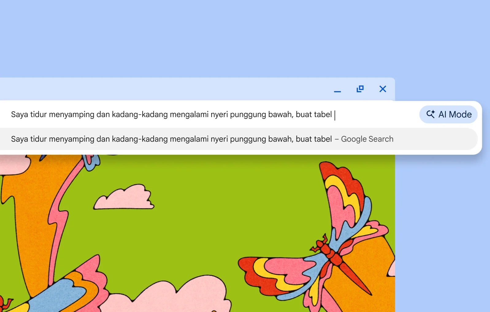 Di kotak penelusuran Chrome, pengguna meminta Mode AI membuat tabel perbandingan untuk berbagai jenis kasur.