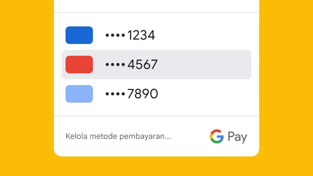 Google Pay hanya menampilkan empat digit terakhir dari tiga kartu kredit demi keamanan.