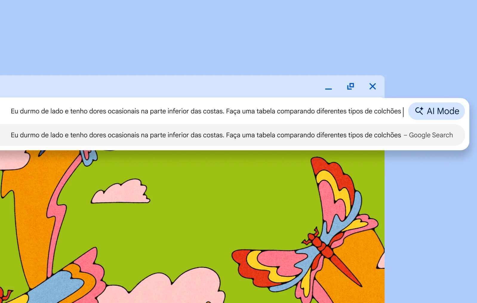 Na barra de pesquisa do Chrome, um usuário pede ao Modo IA para criar uma tabela comparativa de diferentes tipos de colchões.