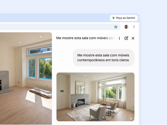 Um usuário pede ao Gemini no Chrome para decorar a foto de uma sala de estar com móveis modernos em cores claras.