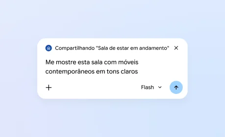 Um usuário compartilha uma guia com o Gemini no Chrome e pede para o Gemini mostrar a sala com móveis modernos em cores claras.