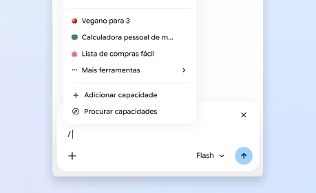 No painel lateral do Gemini no Chrome, um usuário abre um menu com formas de usar, adicionar e navegar pelas habilidades