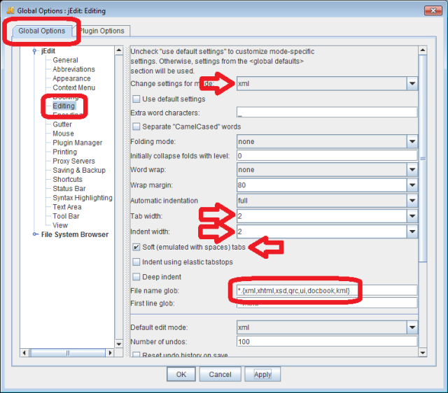 jEdit screenshot - General Options, Editing XML