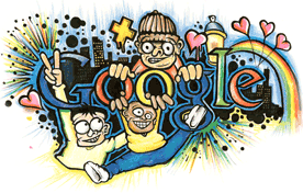 明るい色で楽しいそうな3人が遊んでいるのを示すGoogle Doodle の画像。
