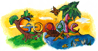 ビビッドカラーで自然を示す Google Doodle の画像。