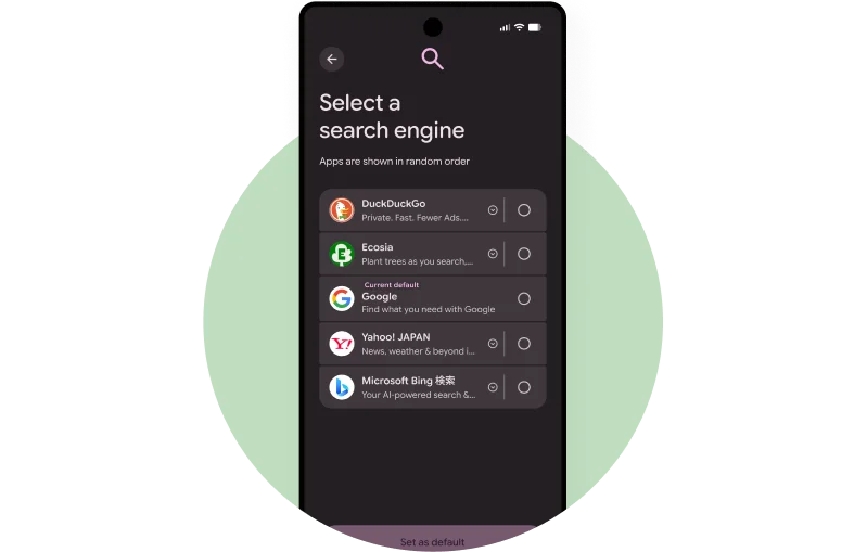 Android 및 데스크톱의 Chrome에서 검색엔진 선택 화면을 보여주는 이미지