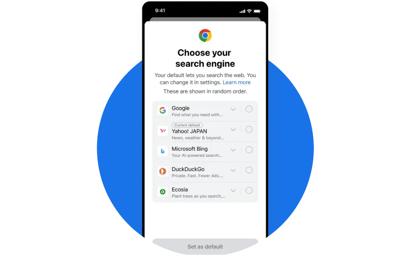 iOS 및 데스크톱의 Chrome에서 검색엔진 선택 화면을 보여주는 이미지