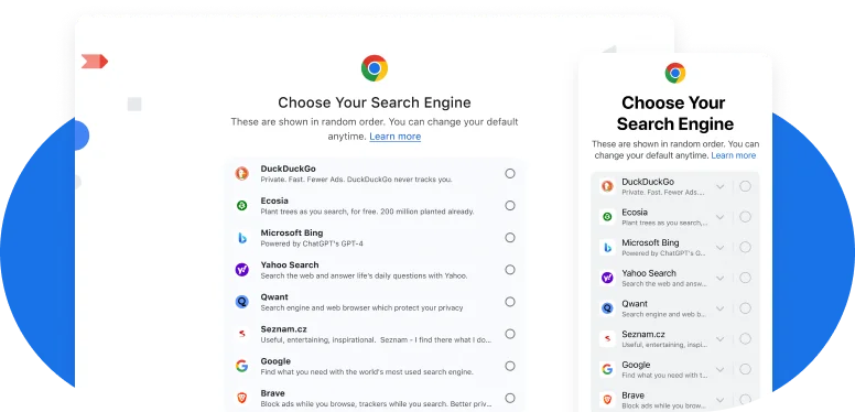 Illustrative visual of the search engine choice screen in Chrome on iOS and desktop
