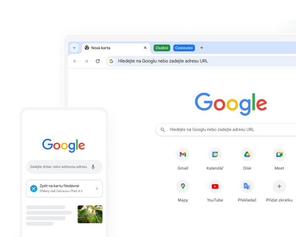 Mobilní zařízení i počítač zobrazují v Chromu domovskou stránku Google.