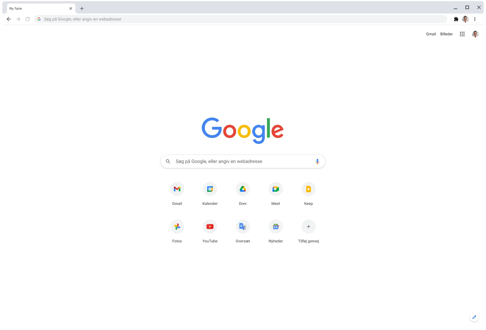Et Chrome-browservindue, der viser Google.com.