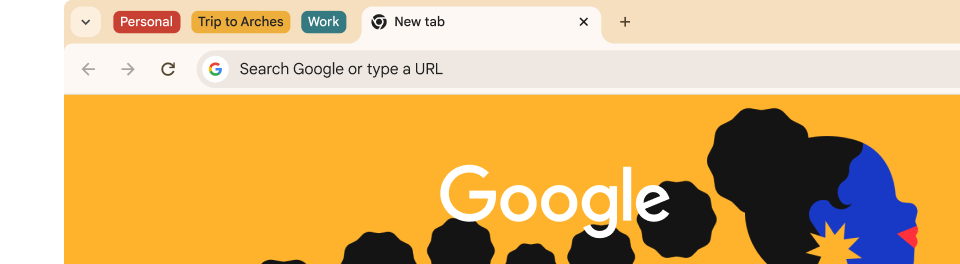 A browser UI features three groups of tabs: Personal, Trip to Arches and Work.