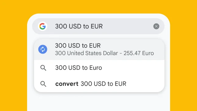 A user typed “300 usd to eur” into Chrome