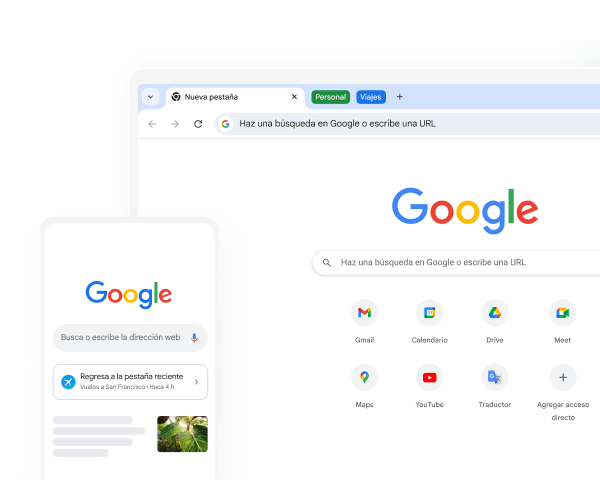 Un dispositivo móvil y una computadora de escritorio muestran la página principal de Google en Chrome.