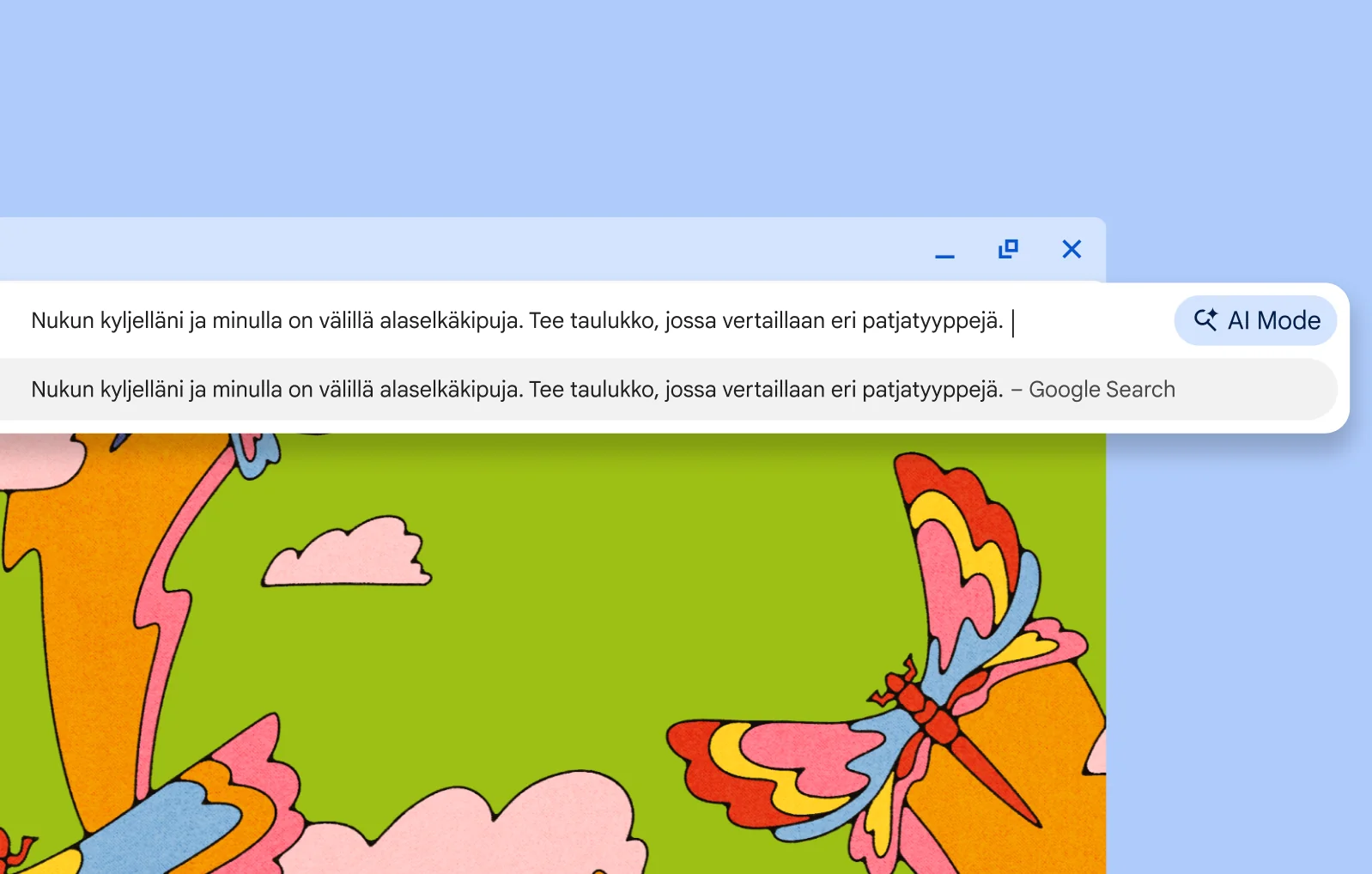 Sa search bar ng Chrome, hinihiling ng user sa AI Mode na gumawa ng talahanayan ng paghahambing para sa iba't ibang uri ng kutson.