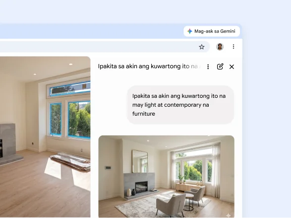 Hinihiling ng user sa Gemini sa Chrome na magdagdag ng light contemporary na furniture sa larawan ng isang living room mula sa isang webpage