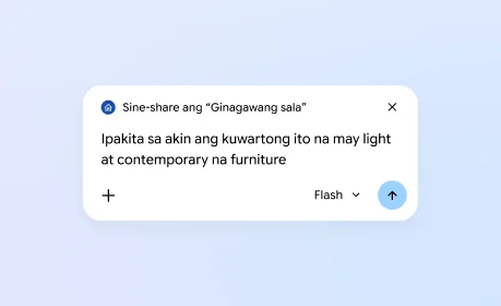 Nagbahagi ang user ng tab sa Gemini sa Chrome at hiniling niya sa Gemini na ipakita ang kuwartong may light contemporary na furniture