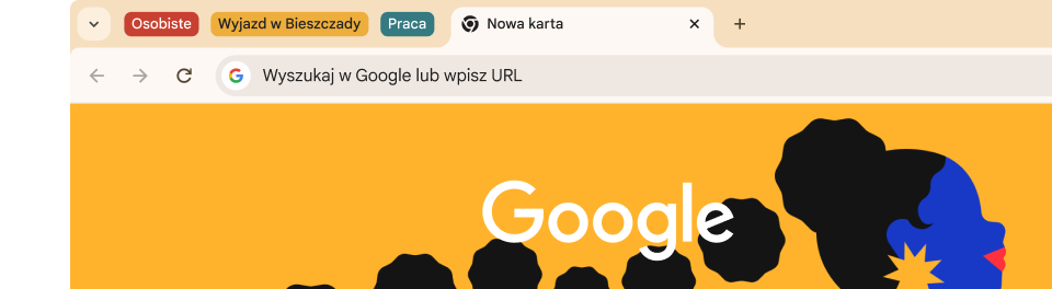 W interfejsie przeglądarki widoczne są 3 karty: Osobiste, Wycieczka do Arches i Praca.