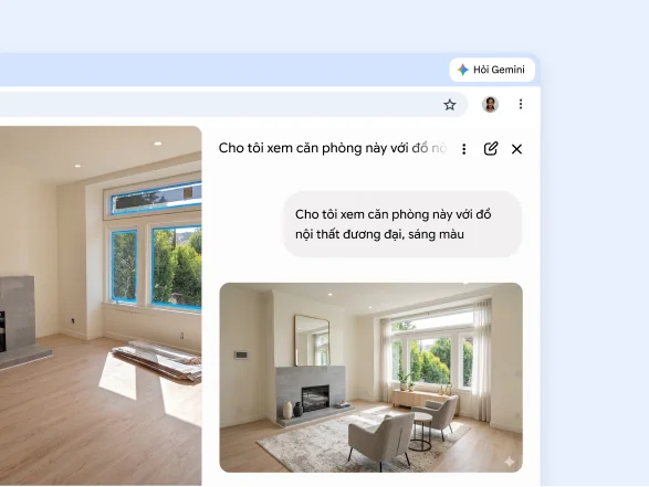 Một người dùng yêu cầu Gemini trong Chrome thêm nội thất hiện đại, tông màu sáng vào hình ảnh phòng khách trên một trang web