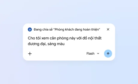 Một người dùng chia sẻ một thẻ với Gemini trong Chrome và yêu cầu Gemini cho xem căn phòng có nội thất hiện đại, tông màu sáng