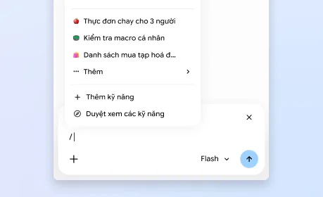 Trong bảng điều khiển bên của Gemini trong Chrome, một người dùng mở một trình đơn có các cách sử dụng, thêm và duyệt xem kỹ năng