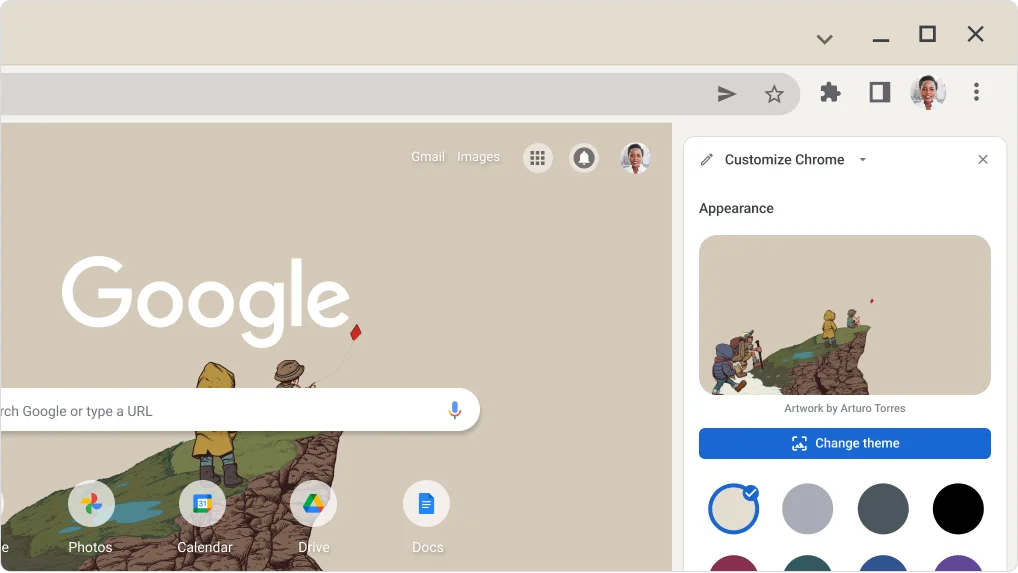 Image of the Chrome new tab page with open side panel showing Customize Chrome options.