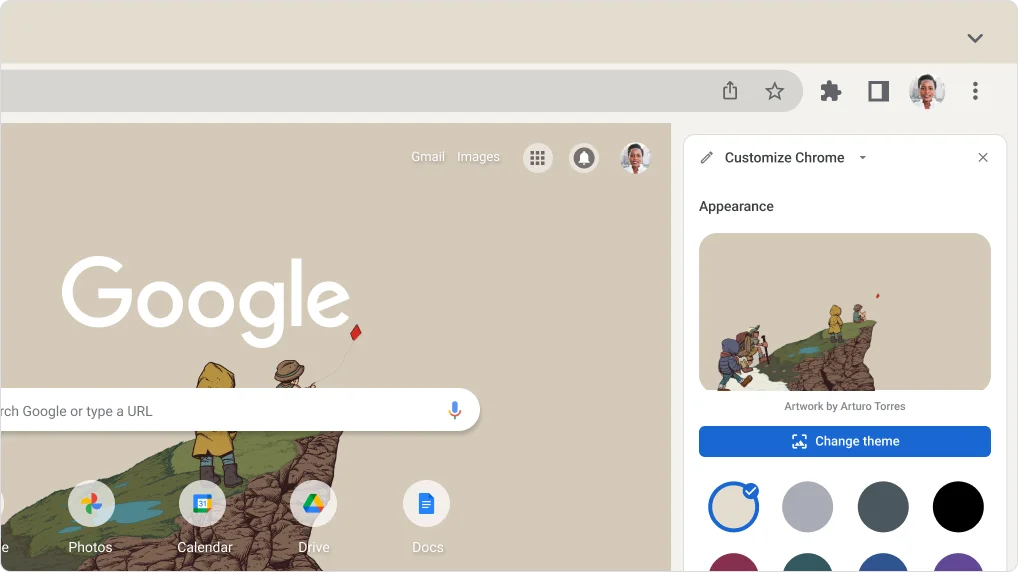 Image of the Chrome new tab page with open side panel showing Customize Chrome options.