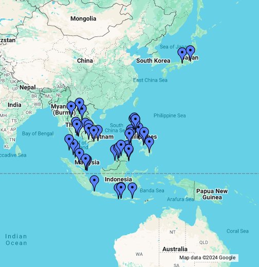 Suuntana Aasia -reissun yöpymiset – Google My Maps