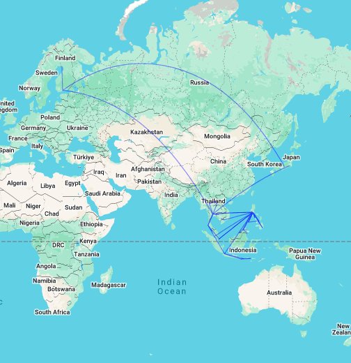 Suuntana Aasia -reissun lennot – Google My Maps