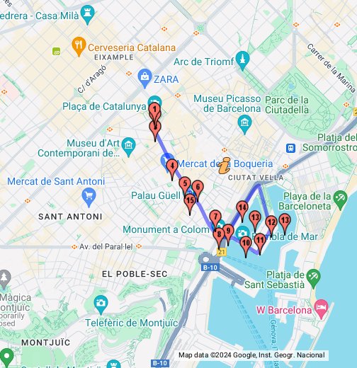 Barcelona zu Fuß - Tour 1 Las Ramblas & Hafen - Google My Maps