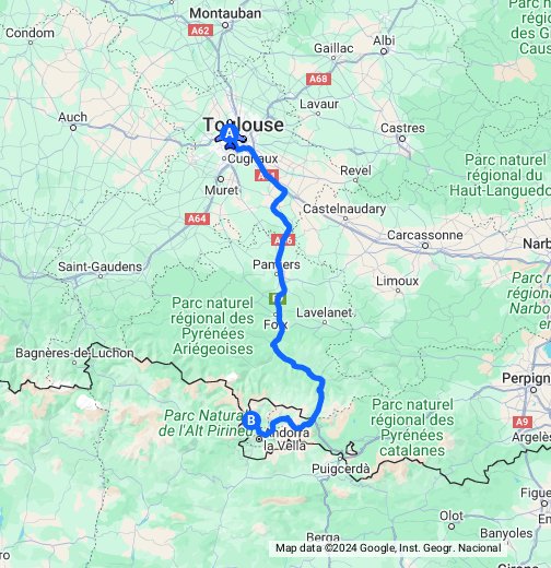 Driving directions from Toulouse Airport to Arinsal, Andorra - Google ...
