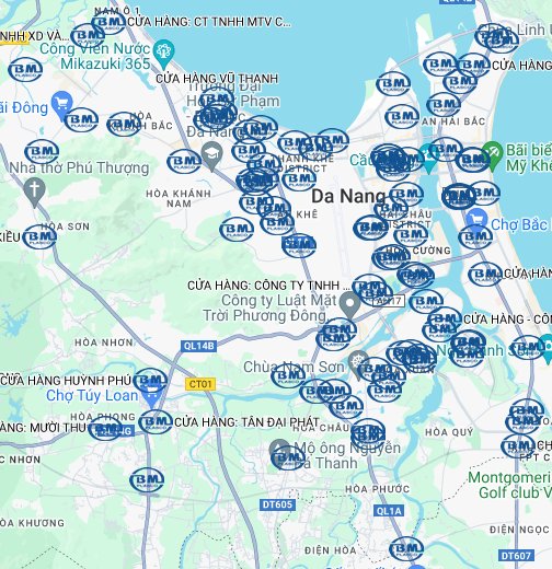 Bản đồ Đà Nẵng trên Google Maps hiển thị những địa điểm nào? (What are the locations displayed on Google Maps\' map of Da Nang?)